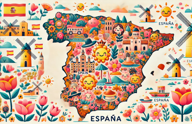 Mapa de España con caras de personas felices